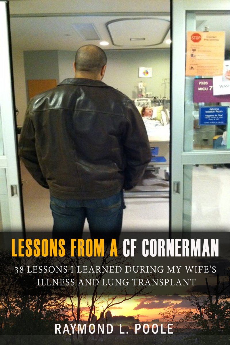 Book cover of Lessons from a CF Cornerman by Raymond L. Poole, showing a man in a leather jacket standing at a hospital room door.